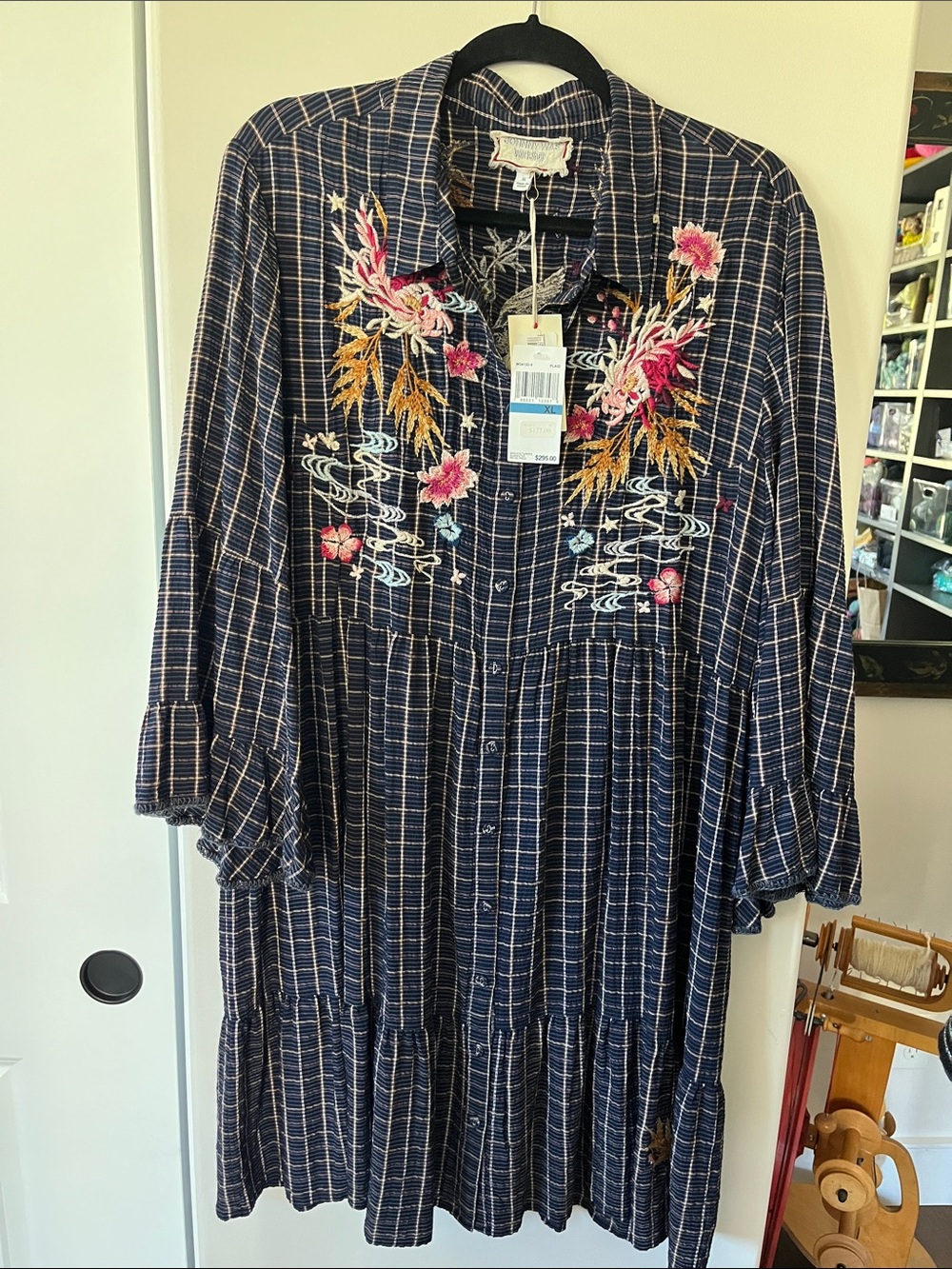 Johnny Was Navy Plaid Tiered Dress “Emiko” NWT Gorgeous Floral Embroidery